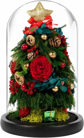 JoyFlower Small Christmas Tree Preserved Flowers in Glass Dome, Eternal Roses Christmas Tree Table Decor, Mini Table Christmas Trees with Forever Flowers, Unique with Elegant Gift Box