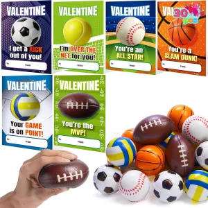 JOYIN 30 Packs Valentines Day Sport PU Balls with Valentine‘s Gift Card, Small Stress Ball Squeeze Foam for Classroom Exchange Gift for Kids, Valentine Stress Relief Party Favor Toys