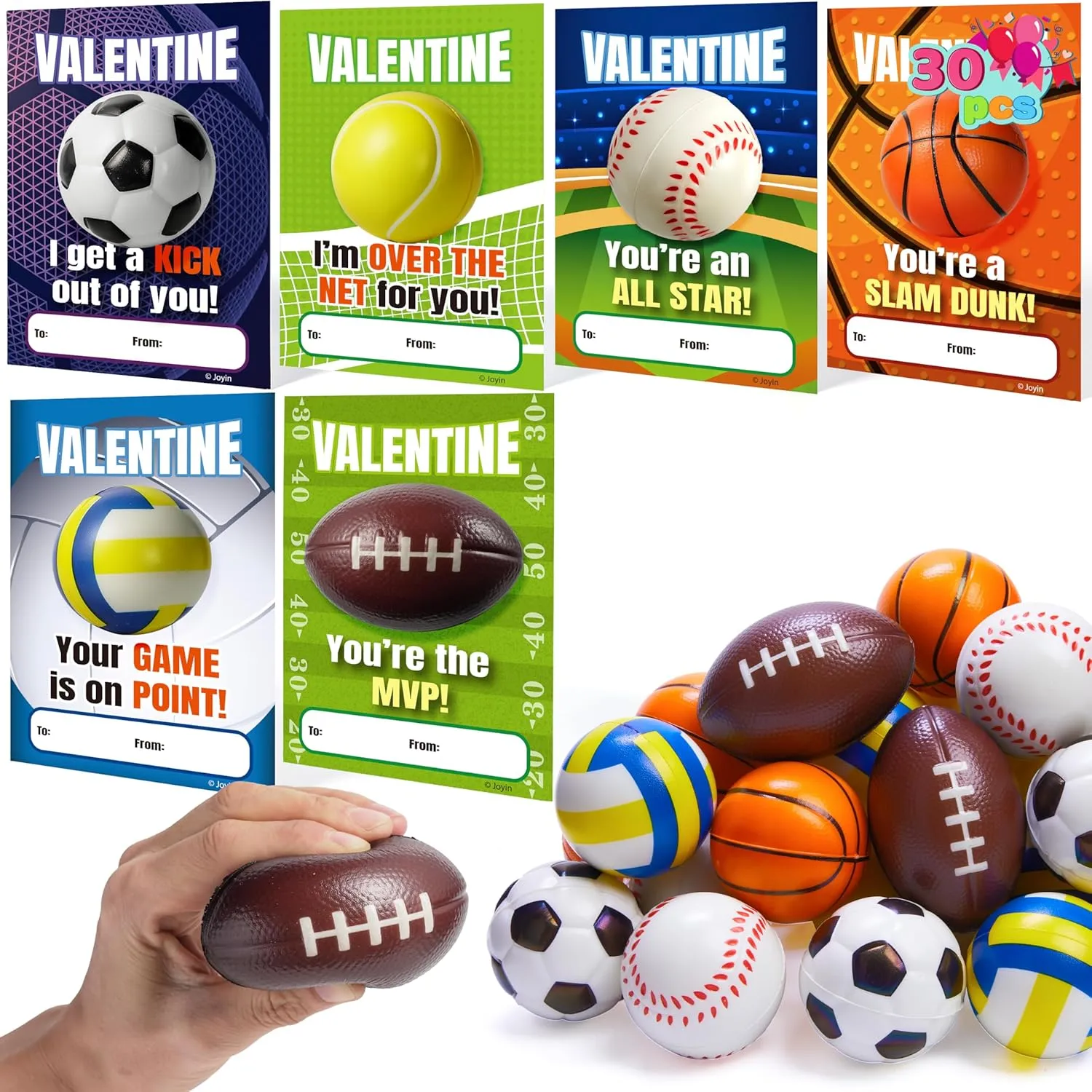 JOYIN 30 Packs Valentines Day Sport PU Balls with Valentine‘s Gift Card, Small Stress Ball Squeeze Foam for Classroom Exchange Gift for Kids, Valentine Stress Relief Party Favor Toys