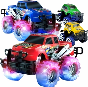 JoyX 4 Pack Light Up Monster Truck Car Toy with LED Tires, Best Birthday, for Boys and Girls Ages 3 , Push n Go & Pull n Go Cars, Race Truck Toy for Kid Party Favors and Daily Play