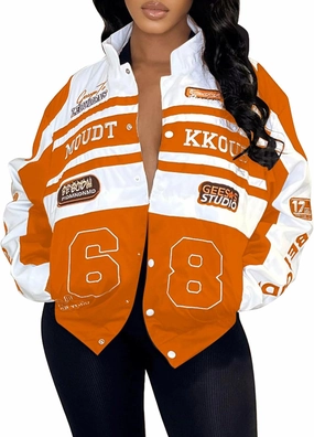 KANSOON Varsity Jacket Women Motorcycle Racer Detachable Letter Graphic Jackets Vintage Color Block Baseball Coat