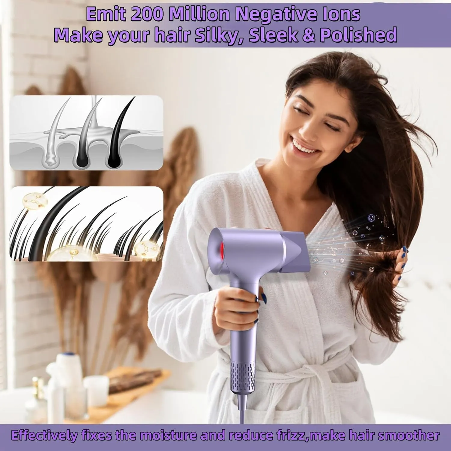 KARFUN Hair Dryer, 110000 RPM High-Speed Brushless Motor Fast Drying Blow Dryer, 57dB Low Noise Hair Dryer for Home or Travel, 3 Temps & 2 Speeds (Purple)