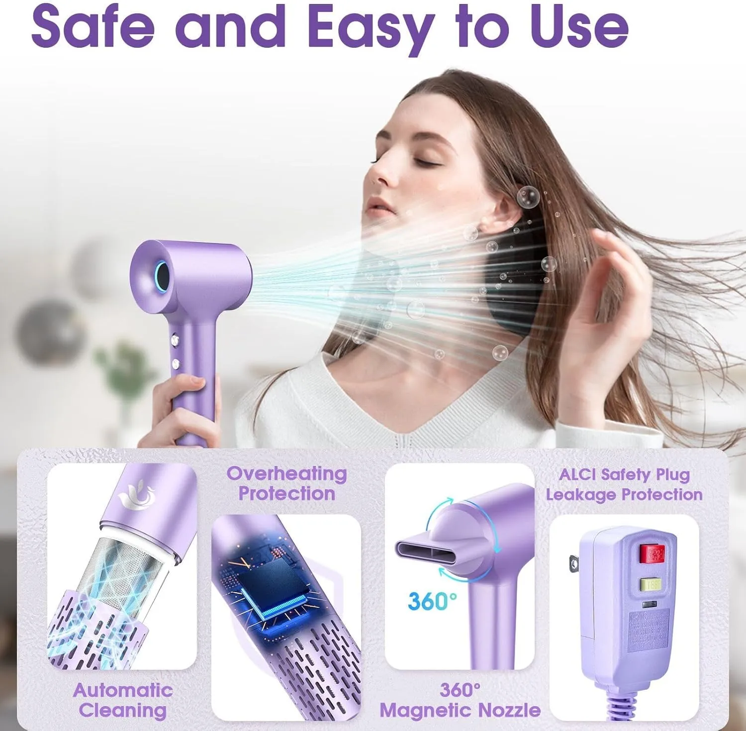 KARFUN Hair Dryer, 110000 RPM High-Speed Brushless Motor Fast Drying Blow Dryer, 57dB Low Noise Hair Dryer for Home or Travel, 3 Temps & 2 Speeds (Purple)