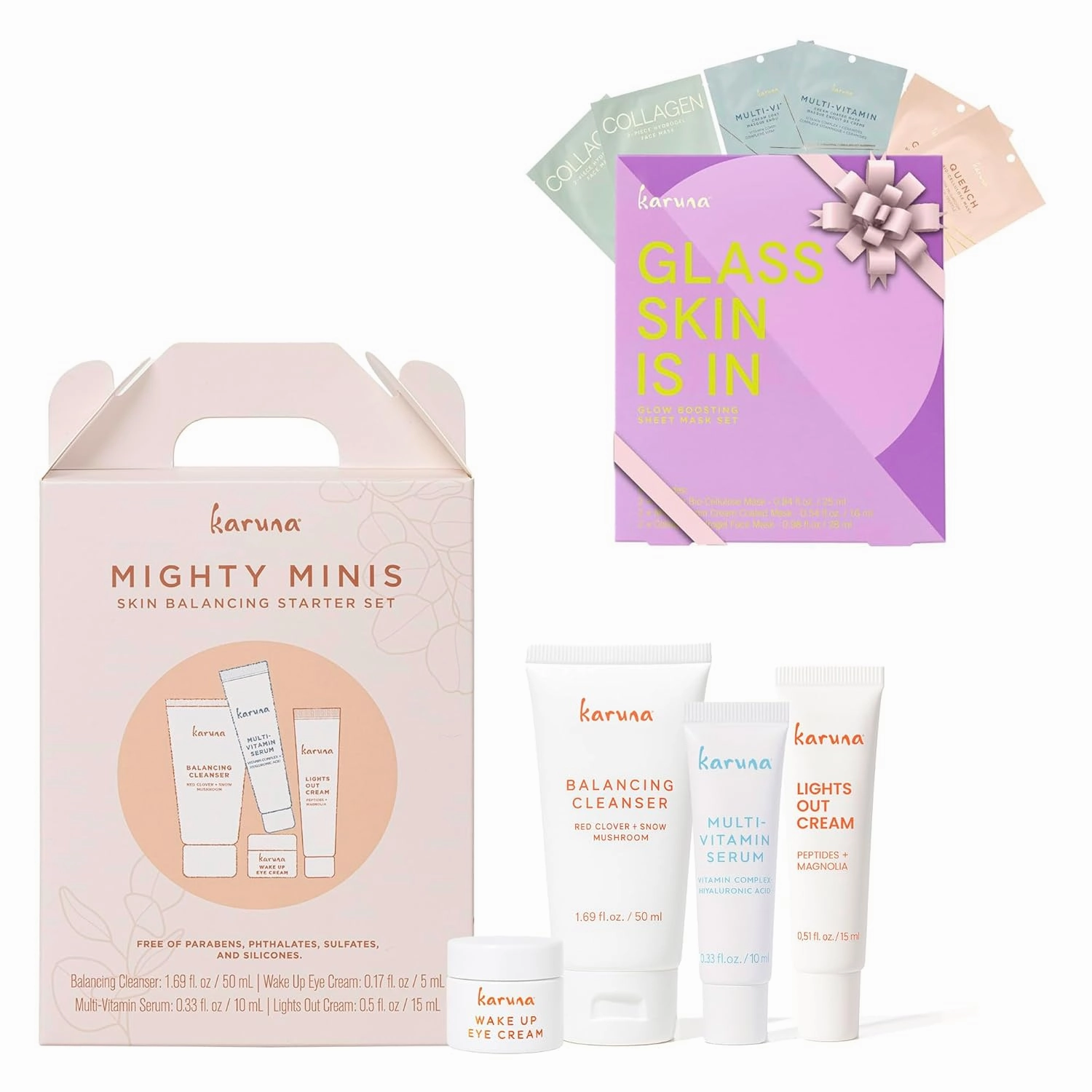 Karuna Mighty Minis Starter Set with Glass Skin Is In Mask Set, 6-Pack Skincare Duo for Radiant, Dewy, and Visibly Smooth Skin