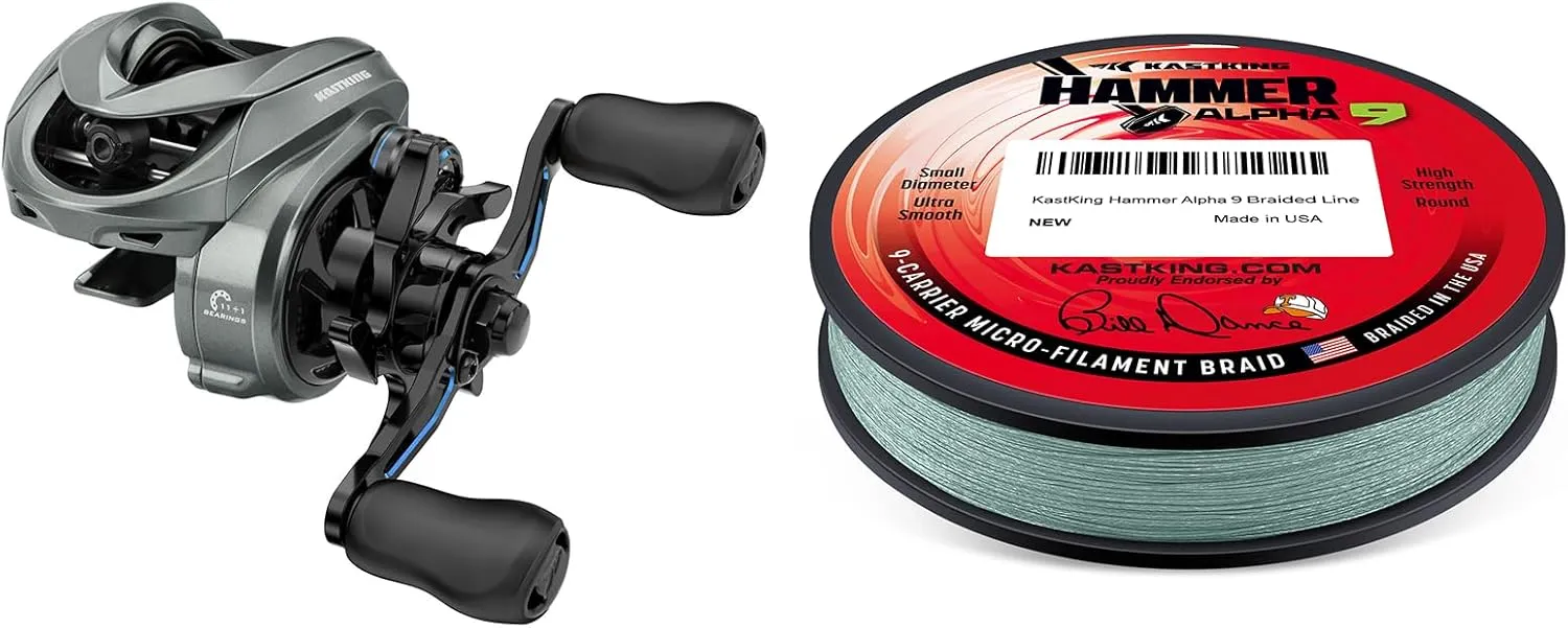 KastKing Kestrel Finesse Baitcasting Reel Left Hand 7.5:1 & Hammer Alpha 9 UHMWPE Braided Fishing Line 300YDS,15LB