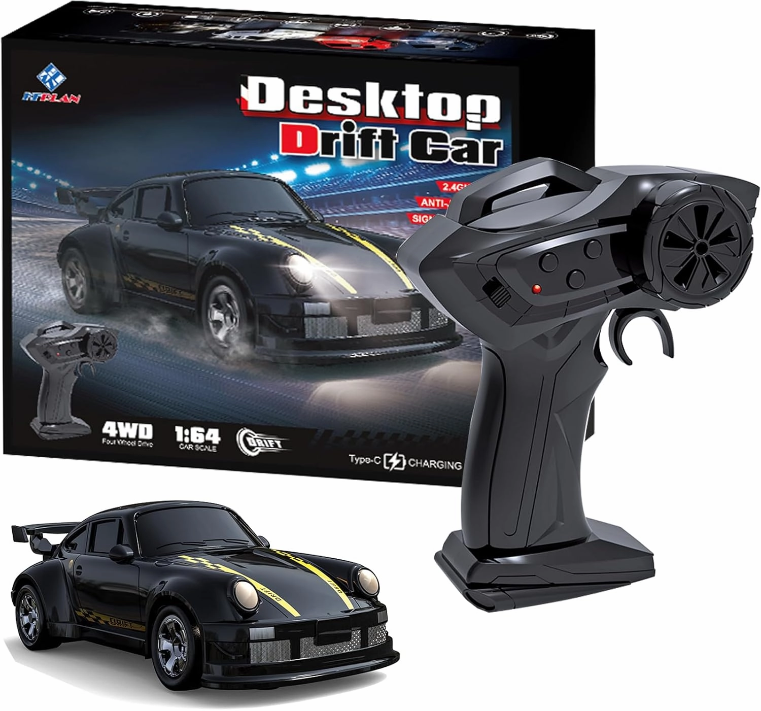 KF20 1:64 Scale Mini Drift RC Car with Full Proportional RTR 2.4GHZ Remote Control for Desktop Racing (Black)