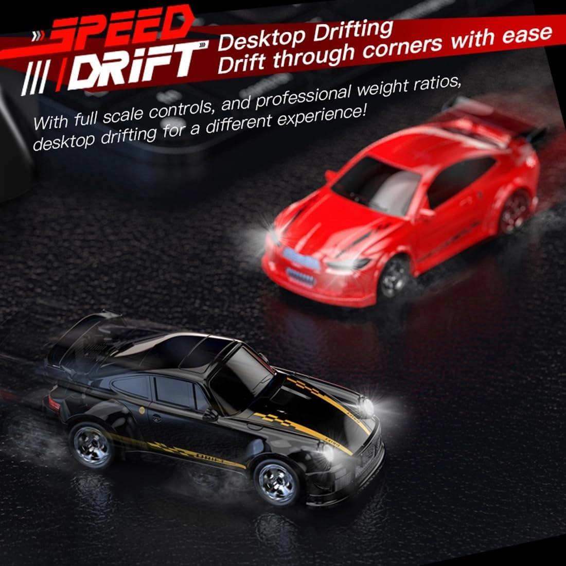 KF20 1:64 Scale Mini Drift RC Car with Full Proportional RTR 2.4GHZ Remote Control for Desktop Racing (Black)