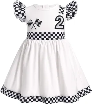 Kids Girls 1st 2nd Birthday Race Car Driver Costume Flutter Sleeve Ruffle Dress Racer Costume