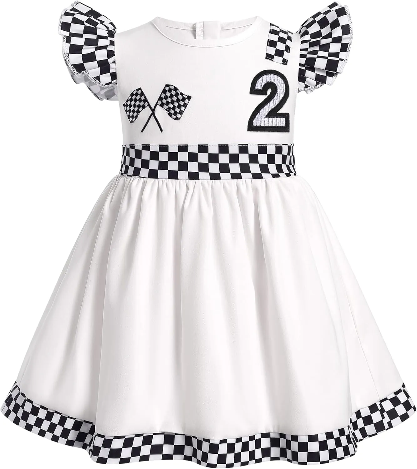 Kids Girls 1st 2nd Birthday Race Car Driver Costume Flutter Sleeve Ruffle Dress Racer Costume