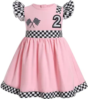 Kids Girls 1st 2nd Birthday Race Car Driver Costume Flutter Sleeve Ruffle Dress Racer Costume