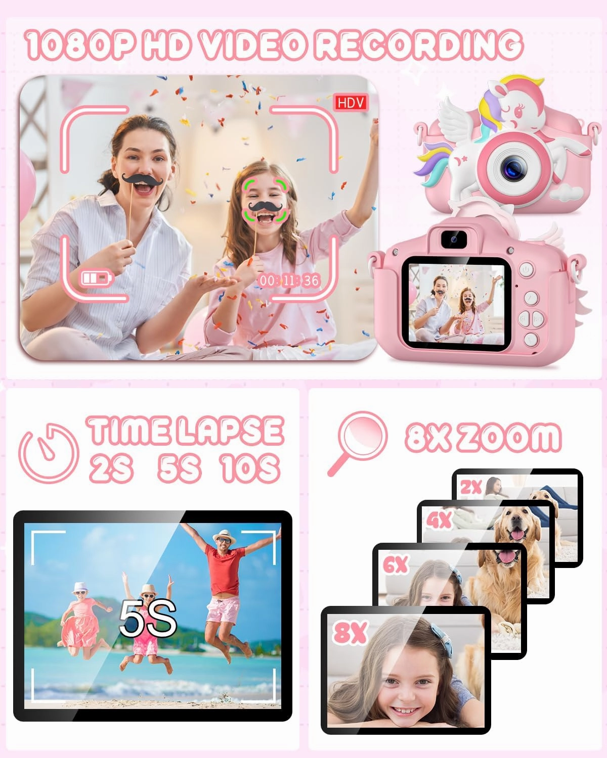 Kids Camera -Kids Camera for Girls,Christmas Birthday Gifts for Girls Portable Toy for 3 4 5 6 7 8 9 Year Old Girl Selfie 1080P HD Video Camera with 32GB Card -Pink