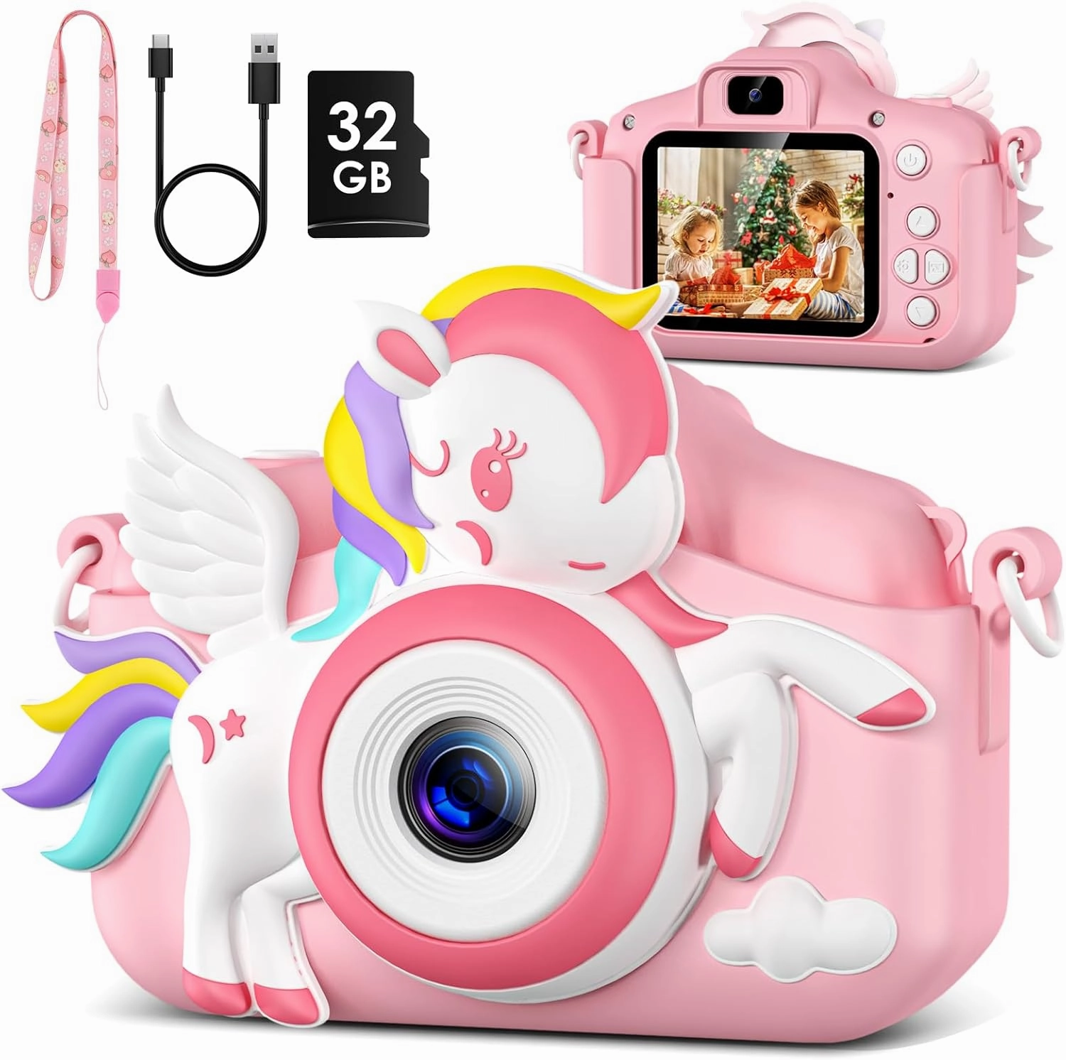 Kids Camera -Kids Camera for Girls,Christmas Birthday Gifts for Girls Portable Toy for 3 4 5 6 7 8 9 Year Old Girl Selfie 1080P HD Video Camera with 32GB Card -Pink