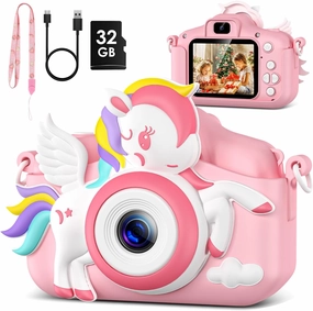 Kids Camera -Kids Camera for Girls,Christmas Birthday Gifts for Girls Portable Toy for 3 4 5 6 7 8 9 Year Old Girl Selfie 1080P HD Video Camera with 32GB Card -Pink