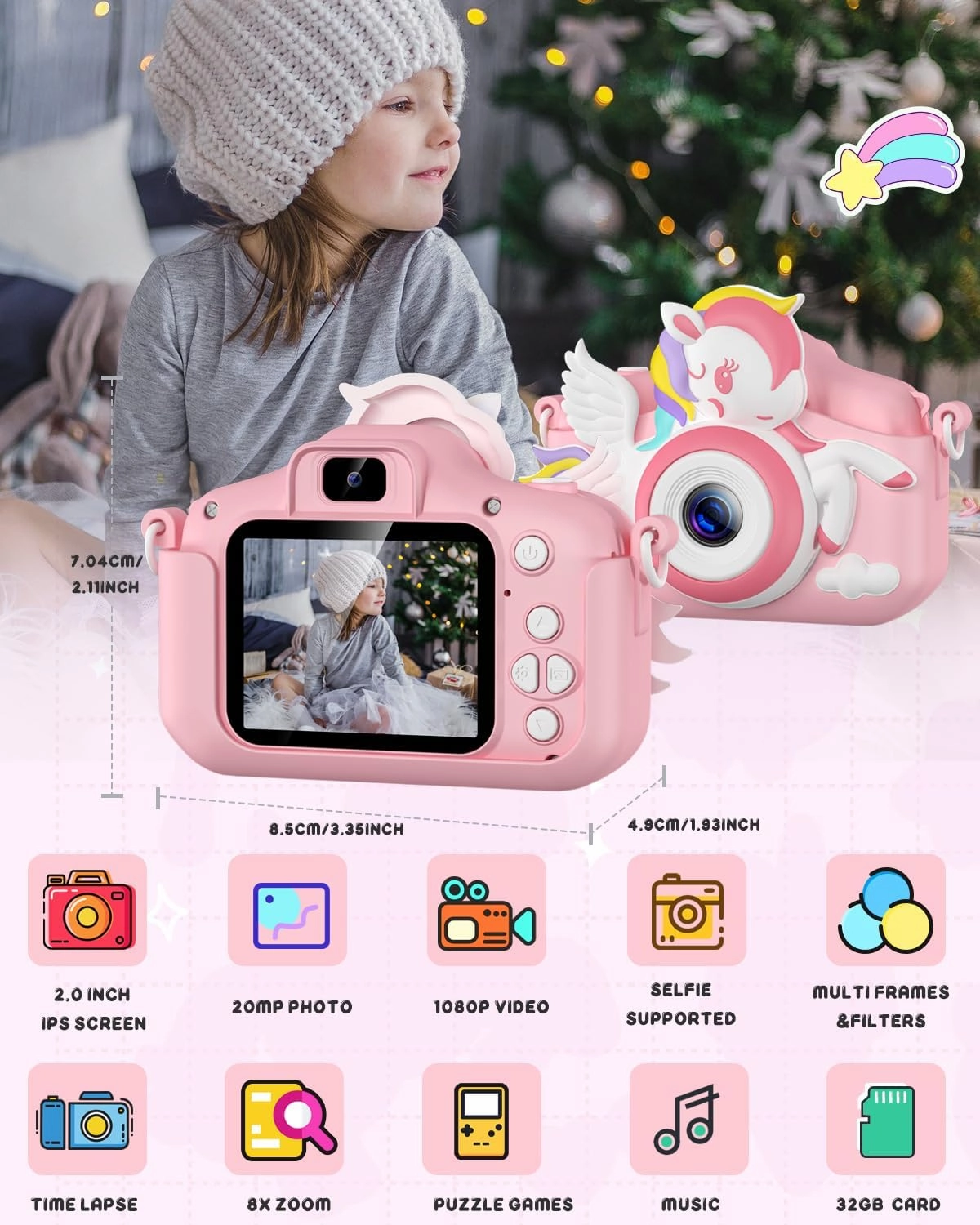 Kids Camera -Kids Camera for Girls,Christmas Birthday Gifts for Girls Portable Toy for 3 4 5 6 7 8 9 Year Old Girl Selfie 1080P HD Video Camera with 32GB Card -Pink