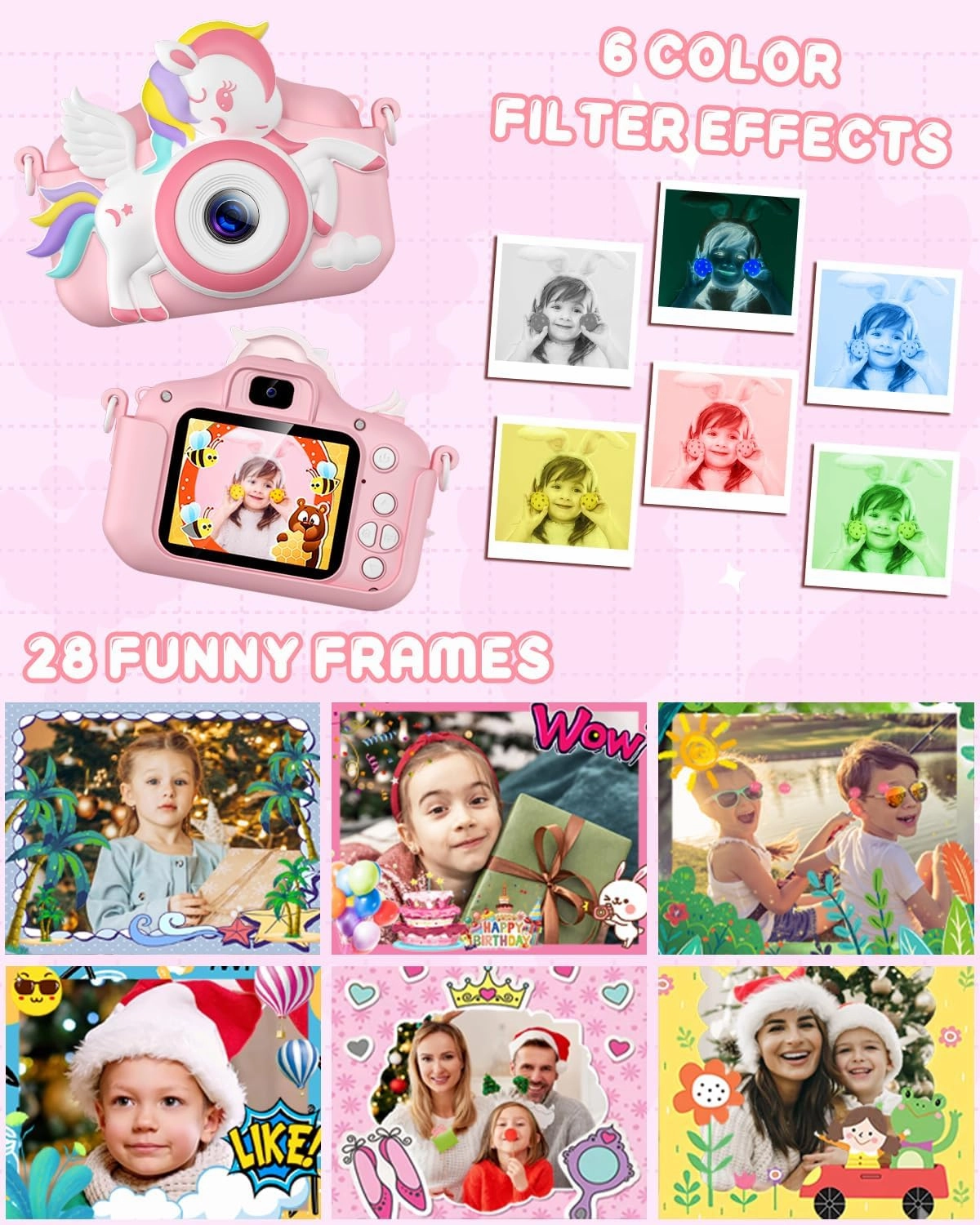 Kids Camera -Kids Camera for Girls,Christmas Birthday Gifts for Girls Portable Toy for 3 4 5 6 7 8 9 Year Old Girl Selfie 1080P HD Video Camera with 32GB Card -Pink