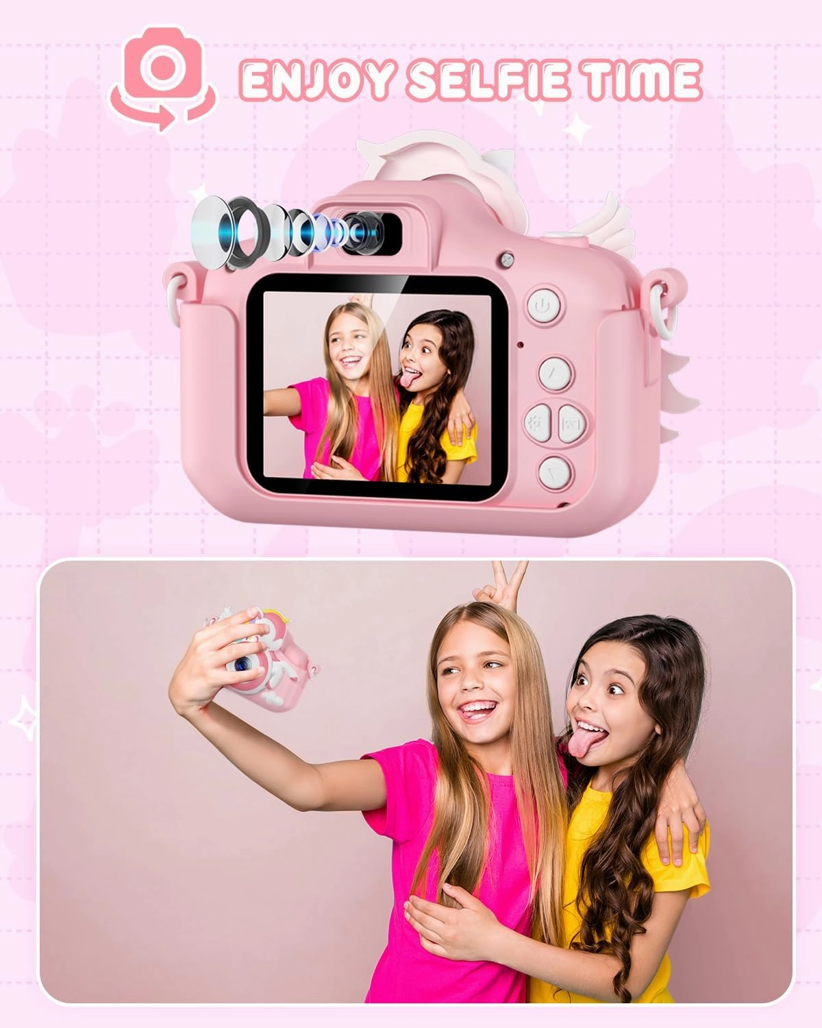Kids Camera -Kids Camera for Girls,Christmas Birthday Gifts for Girls Portable Toy for 3 4 5 6 7 8 9 Year Old Girl Selfie 1080P HD Video Camera with 32GB Card -Pink