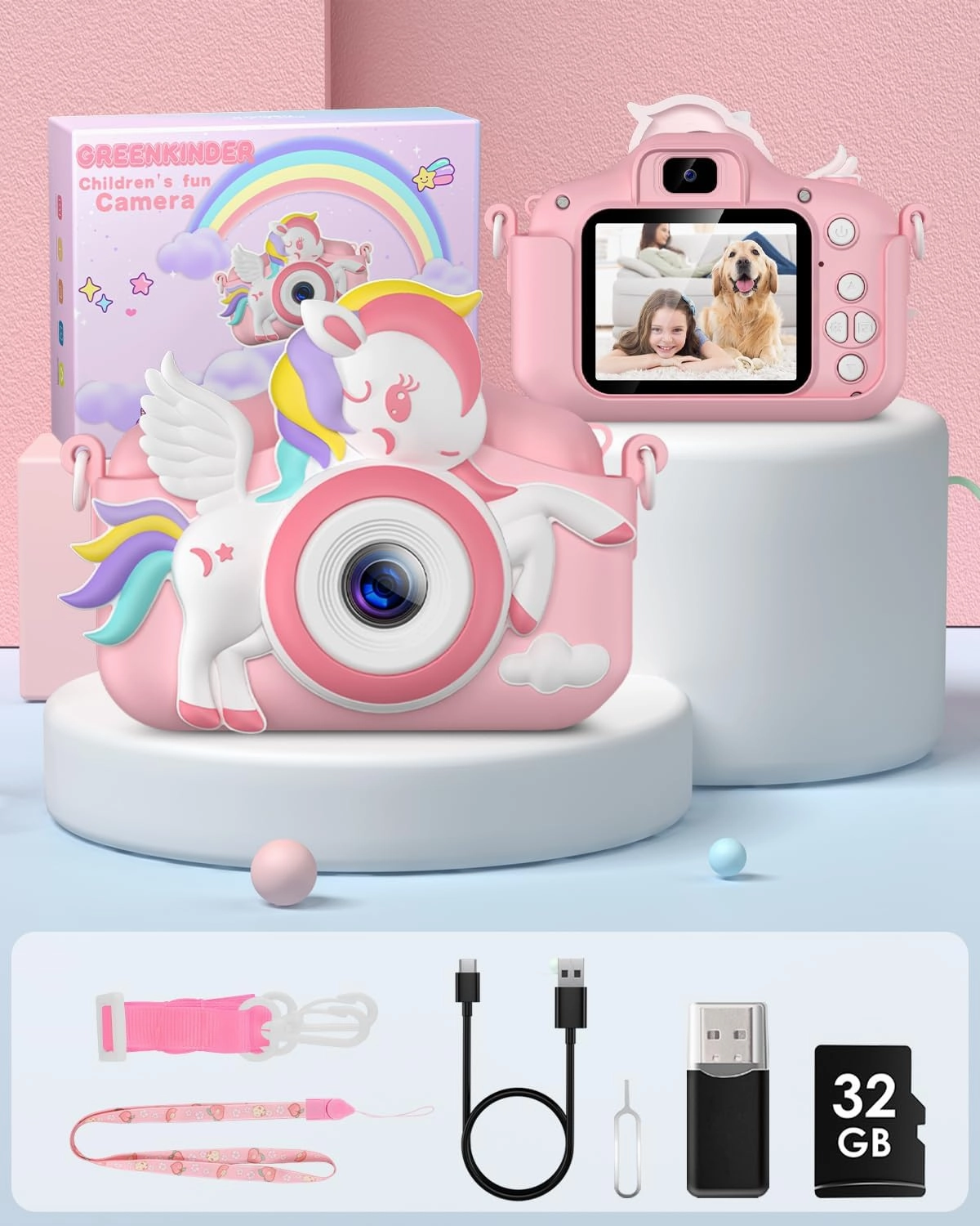 Kids Camera -Kids Camera for Girls,Christmas Birthday Gifts for Girls Portable Toy for 3 4 5 6 7 8 9 Year Old Girl Selfie 1080P HD Video Camera with 32GB Card -Pink