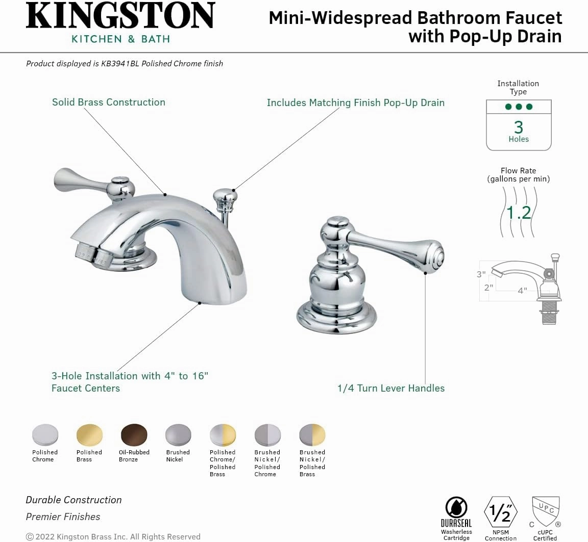 Kingston Brass KB3945BL Vintage Classic Mini Widespread Lavatory Faucet, Oil Rubbed Bronze