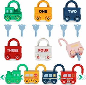 Kizmyee Montessori Lock and Key Car Toys, Sensory Matching & Sorting Early Learning Toy with Number for Preschool Children, Boys and Girls 18  Months Old
