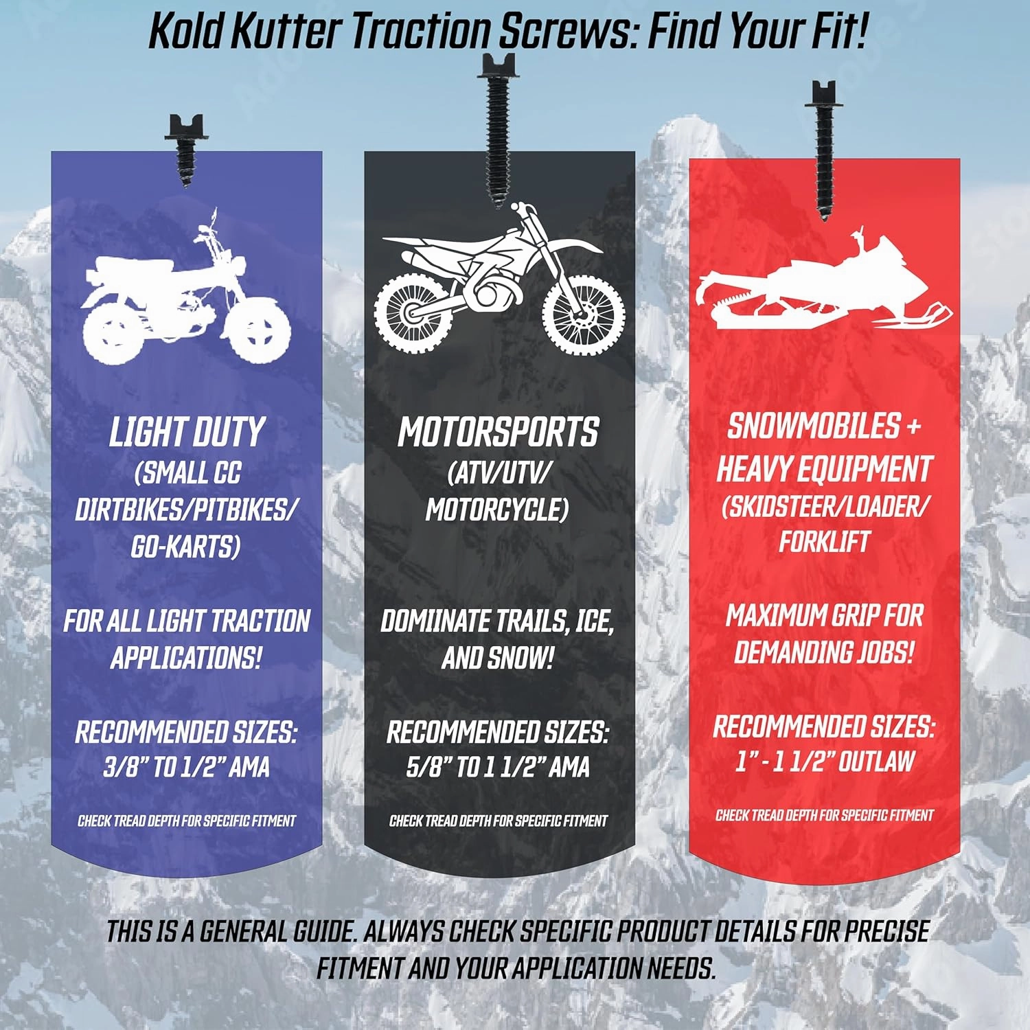 Kold Kutter AMA-Approved Traction Screws 1000 Pack (#8) 3/8" - Winter Ice & Snow Tire Heavy Duty Studs Spikes for Racing Dirt Bikes, ATVs, Motorcycles, and Snowmobiles Tracks