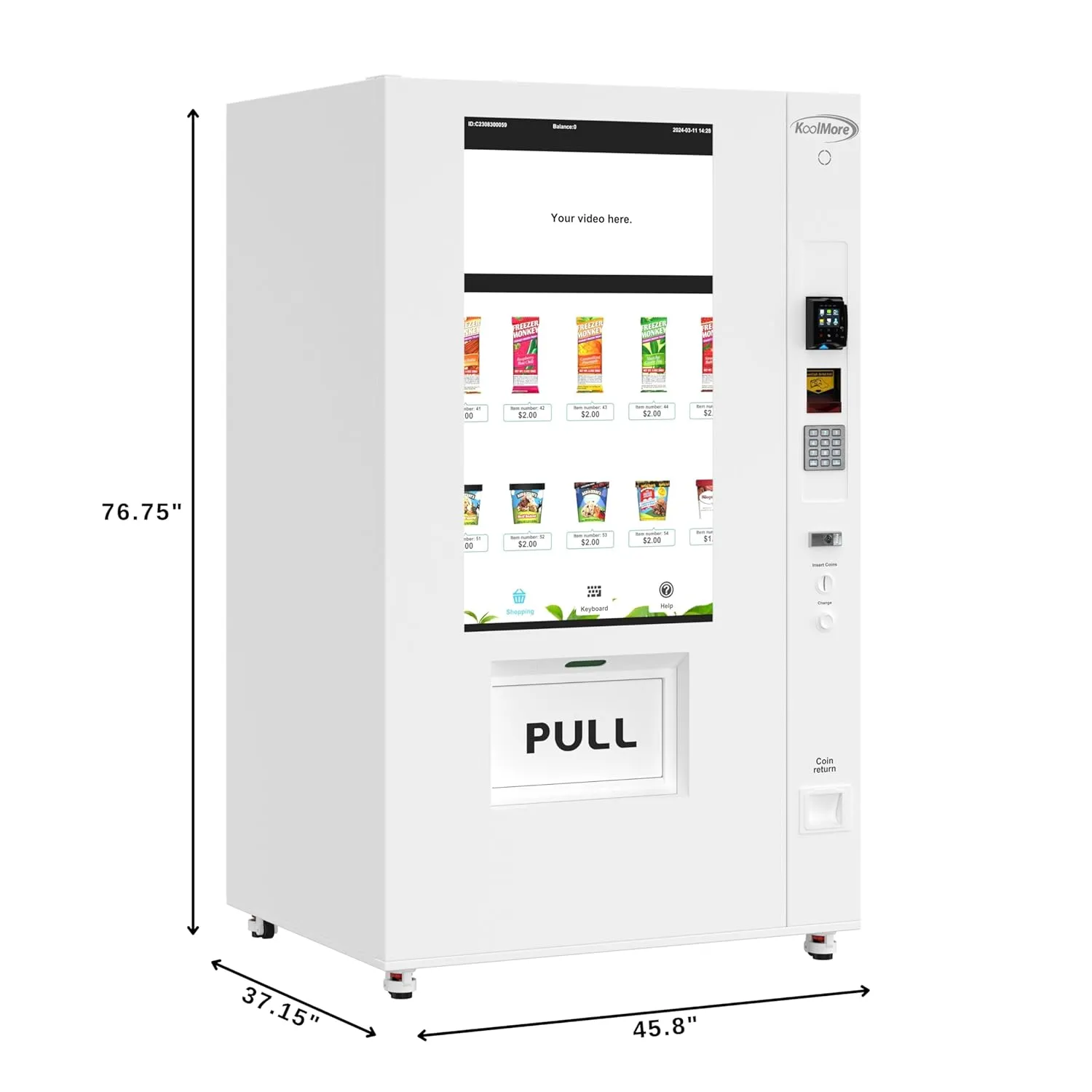 KoolMore KM-VMFWT-36BCR 45 in. Commercial Freezer Ice Cream Vending Machine with 44 Slots, Ample 49 in. Touch Display, Bill and Coin Acceptor, Credit Card Reader in White