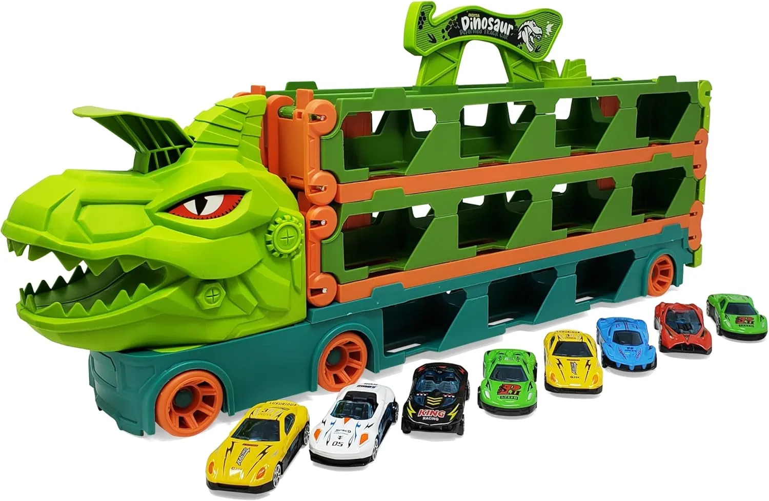 Kovot Dinosaur Truck Racing Playset - 20" Storage Truck with 6.5-Foot Foldable Racetrack & 8 Alloy Raceing Cars
