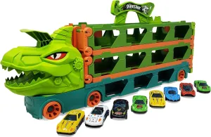 Kovot Dinosaur Truck Racing Playset - 20" Storage Truck with 6.5-Foot Foldable Racetrack & 8 Alloy Raceing Cars