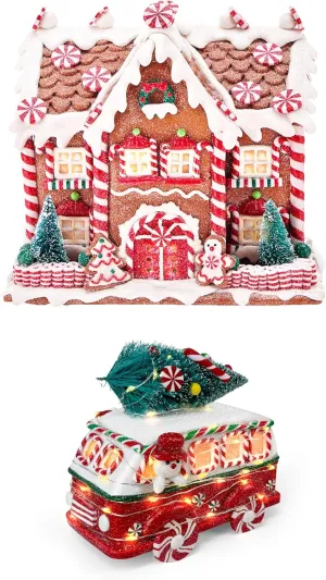 KPCB Handcrafted Gingerbread House Decorations with Lights 8.7" & Prelit Gingerbread Car Figurines 6.7" with Mini Tree, Holiday Home Decor with Timer for Table Centerpieces, Mantel, Shelves