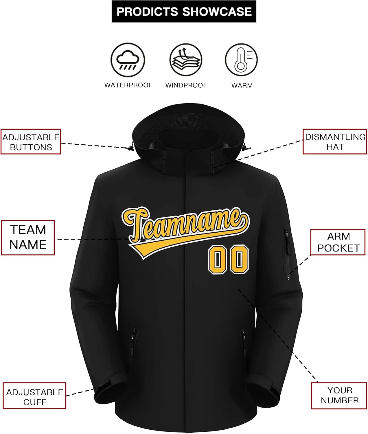 KXK Custom Outdoor Waterproof Jacket Hooded Stitched Personalized Name Number Windbreaker Rain Shell Coat for Men Women