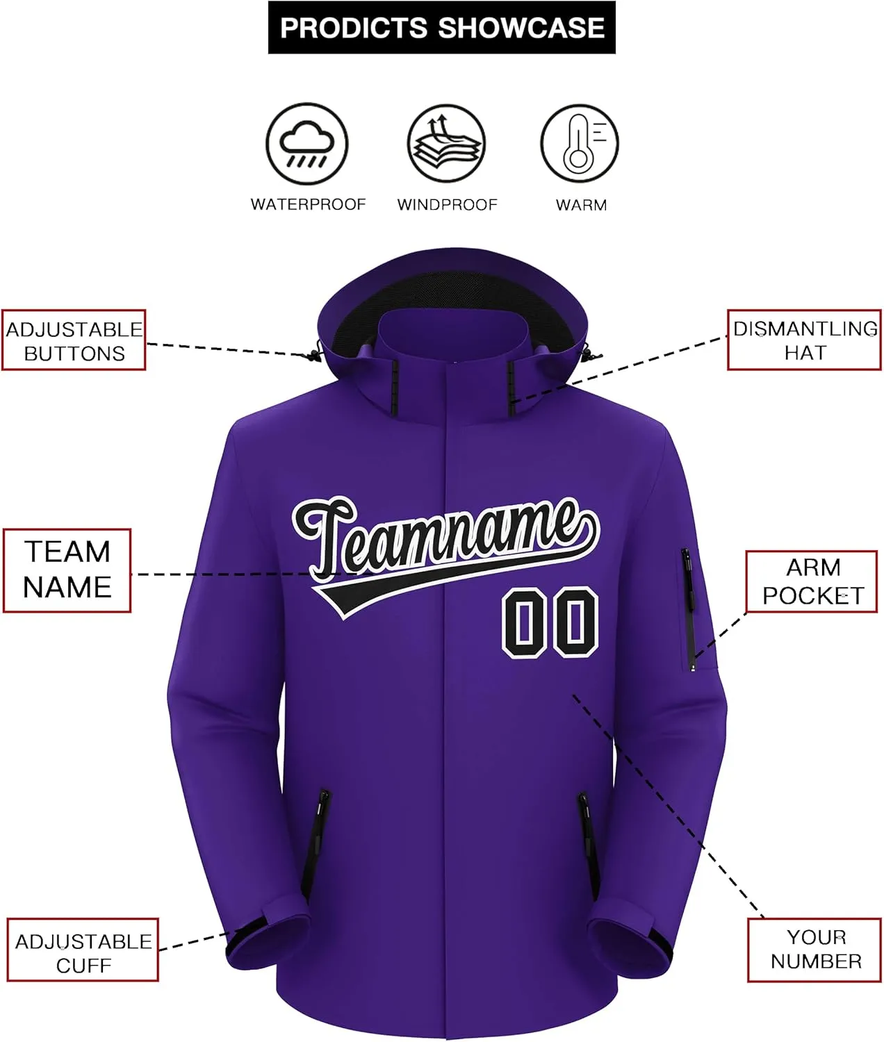 KXK Custom Outdoor Waterproof Jacket Hooded Stitched Personalized Name Number Windbreaker Rain Shell Coat for Men Women