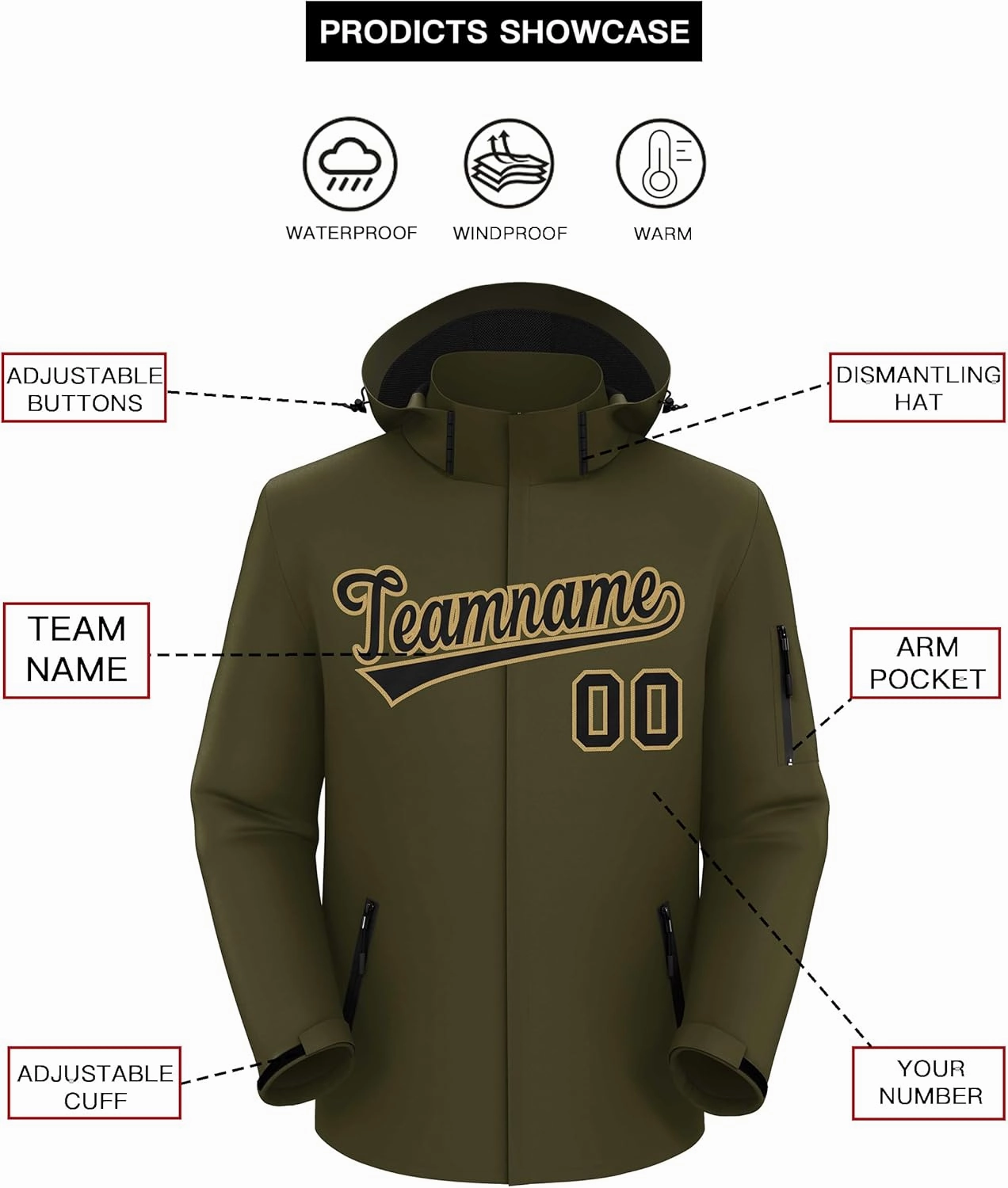 KXK Custom Outdoor Waterproof Jacket Hooded Stitched Personalized Name Number Windbreaker Rain Shell Coat for Men Women