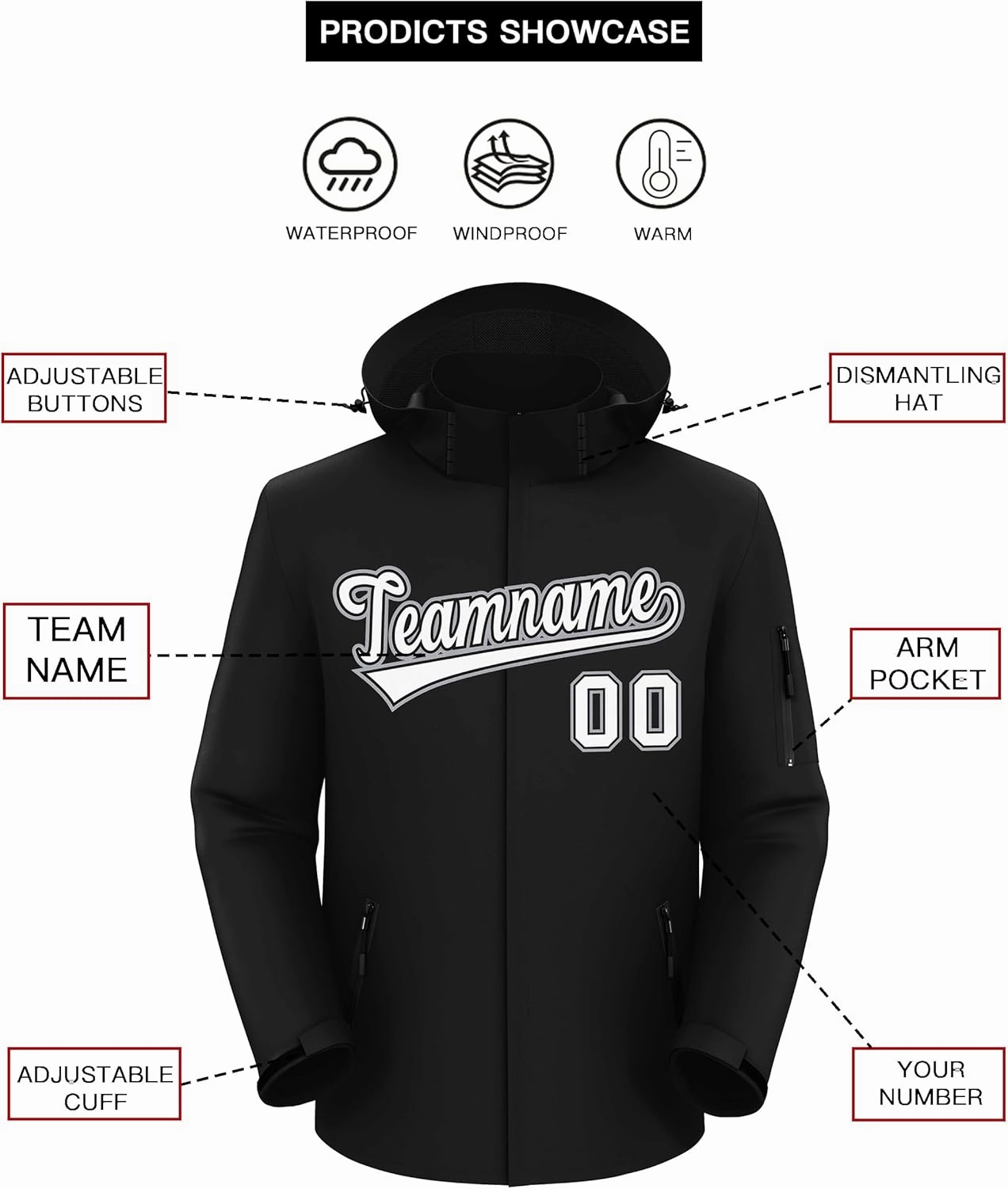 KXK Custom Outdoor Waterproof Jacket Hooded Stitched Personalized Name Number Windbreaker Rain Shell Coat for Men Women