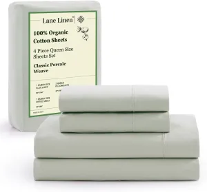 LANE LINEN 100% Organic Cotton Sheets Queen Size Bed Set, Machine Wash Eco Friendly Sustainably Produced Cotton Queen Sheet Set, Soft & Comfy Long Stabple Naturally Cooling Sheets– Mineral