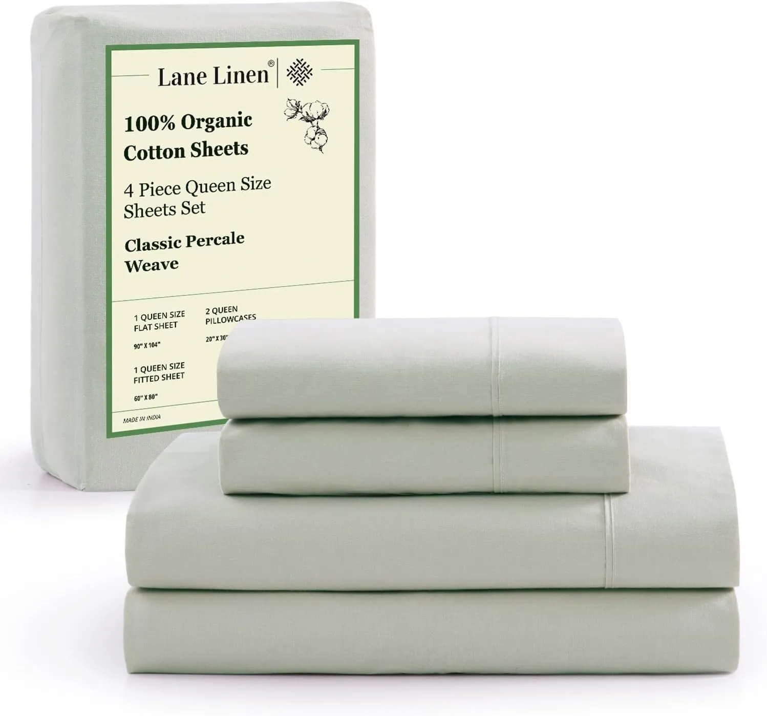 LANE LINEN 100% Organic Cotton Sheets Queen Size Bed Set, Machine Wash Eco Friendly Sustainably Produced Cotton Queen Sheet Set, Soft & Comfy Long Stabple Naturally Cooling Sheets– Mineral