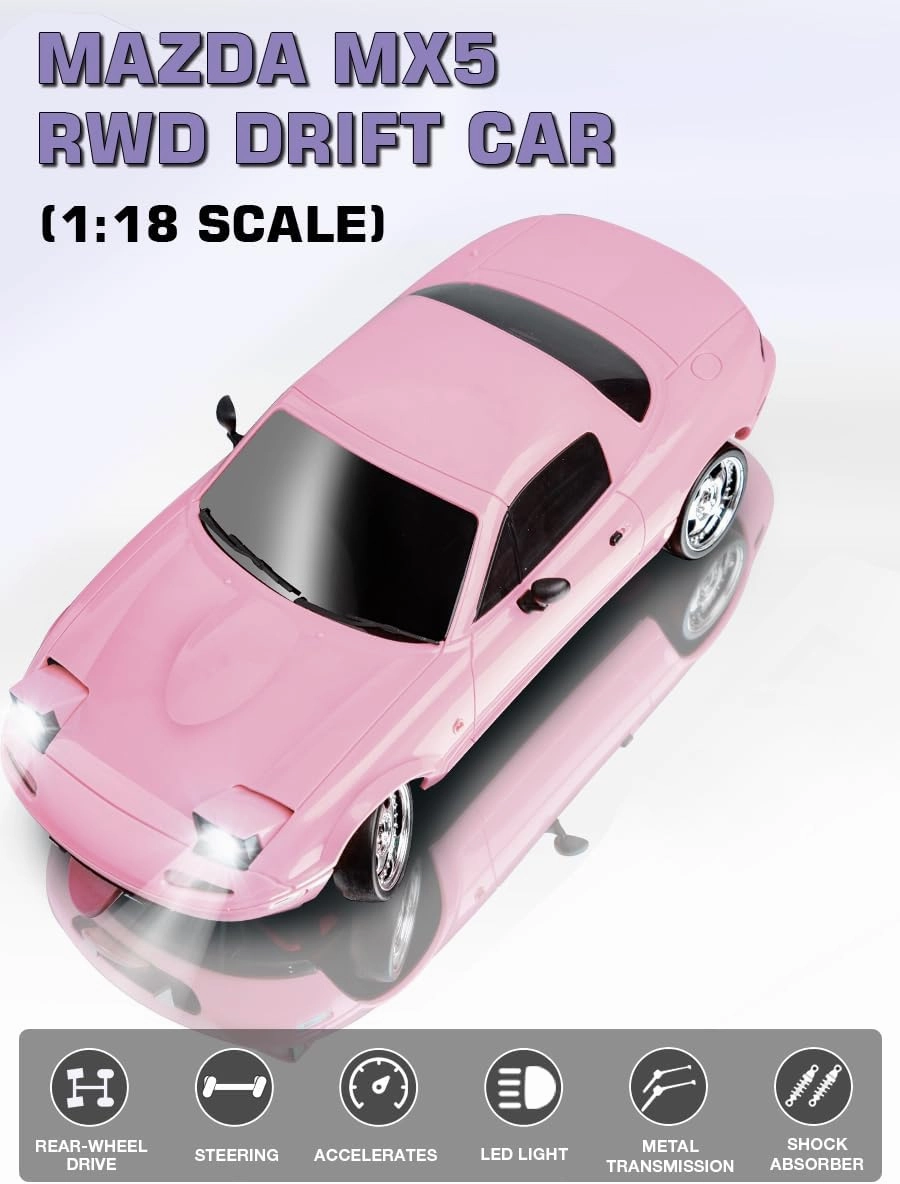 LD1804 1/18 Scale RC Drift Car, Mini Mazda MX-5 RC Model Car 2.4GHz RWD Miata RC Vehicles with Gyro for LED Lights for Adults Hobby Toys
