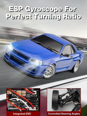 LD1899 1/18 Scale RC Drift Car, GTR R34 2.4GHz RWD Mini Model Car with Gyro, Alloy Body Shell Racing Cars for Adults Toys (Silver)