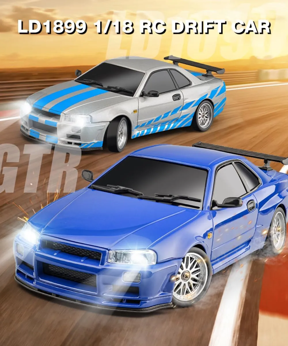 LD1899 1/18 Scale RC Drift Car, GTR R34 2.4GHz RWD Mini Model Car with Gyro, Alloy Body Shell Racing Cars for Adults Toys (Silver)
