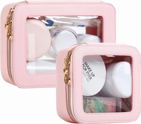 Leather Clear Makeup Bags Set - Travel Clear Cosmetic Bag Case with Zipper, Transparent TSA Approved Toiletry Bags for Travel Essentials Car Accessories for Women (Pink, S M)