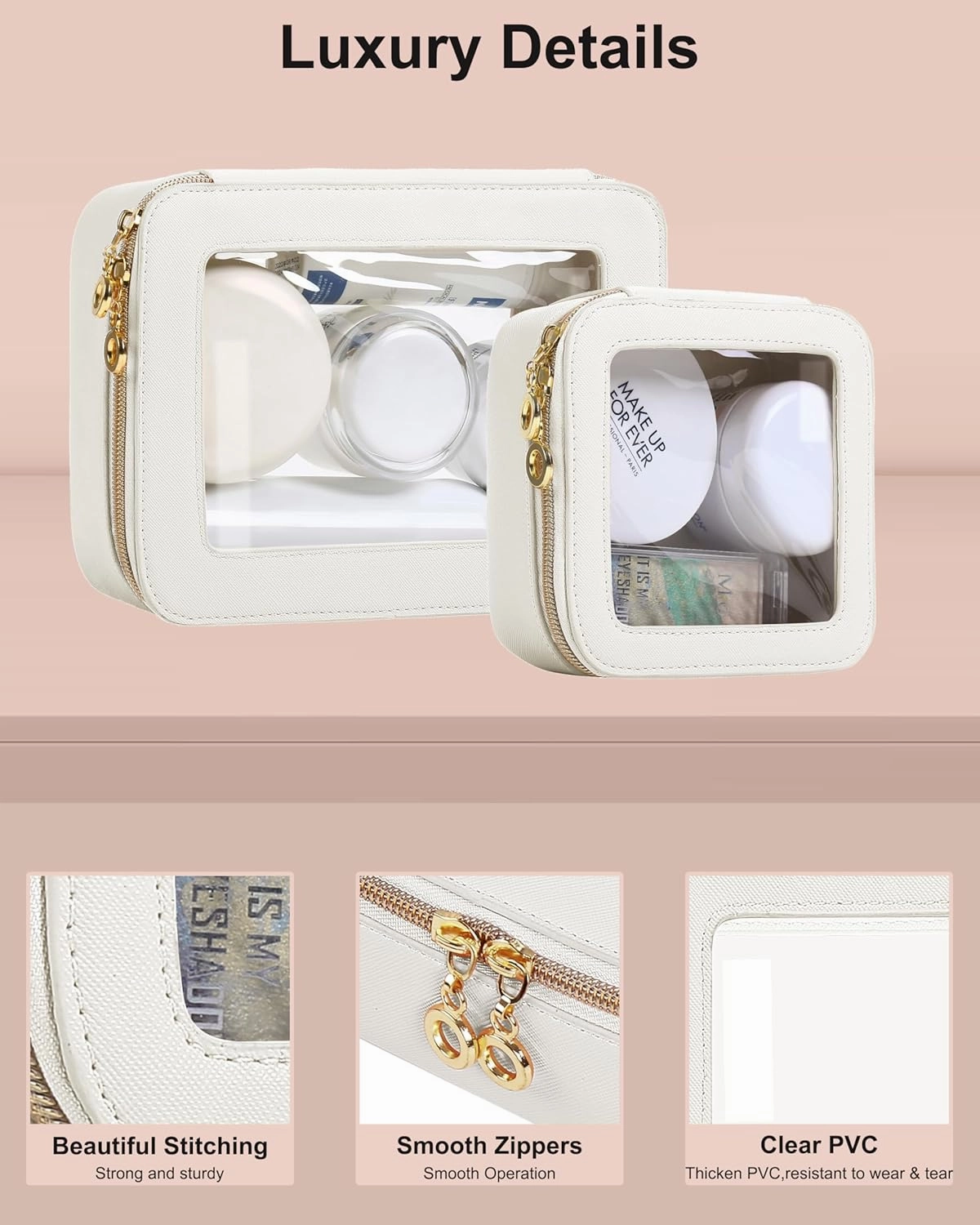 Leather Clear Makeup Bags Set - Travel Clear Cosmetic Bag Case with Zipper, Transparent TSA Approved Toiletry Bags for Travel Essentials Car Accessories for Women (White, S M)