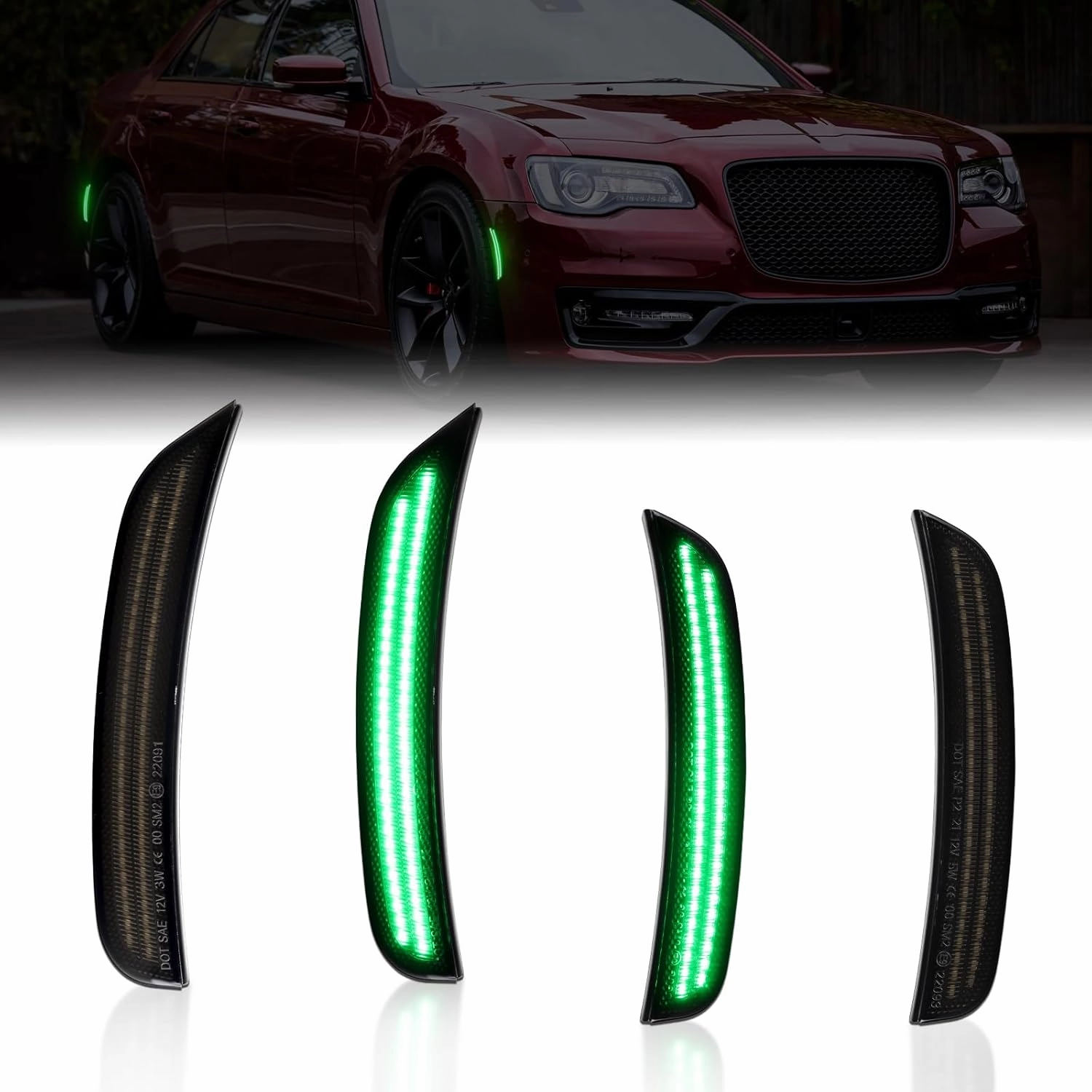 LED Side Marker Lights Kits for Chrysler 300 2015-2023, Front & Rear Smoked Lens, Side Bumper Marker Lights, Green Sidemarker Lamp Accessories 4-Pack