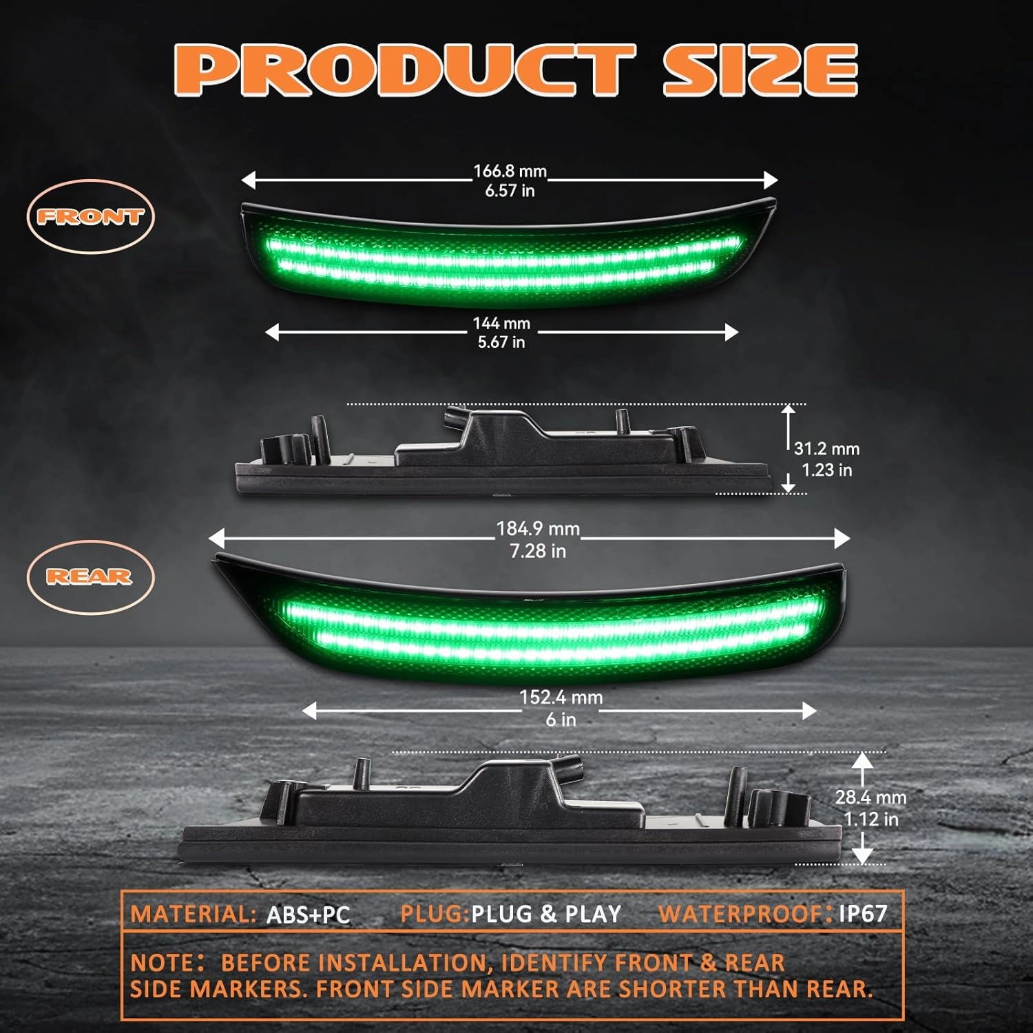 LED Side Marker Lights Kits for Chrysler 300 2015-2023, Front & Rear Smoked Lens, Side Bumper Marker Lights, Green Sidemarker Lamp Accessories 4-Pack