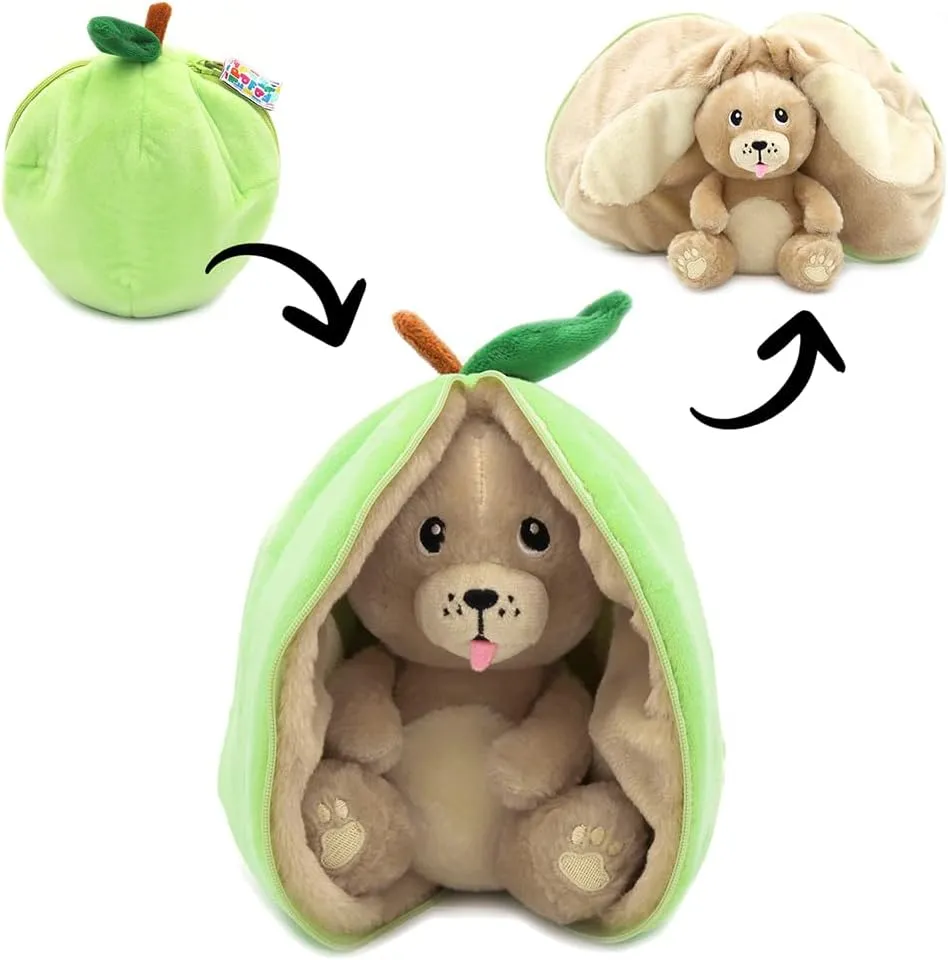 LES DÉGLINGOS Flipetz Crocket The Dog Plushie - Reversible Apple to Dog 2-in-1 Soft Toy - 9 Inch Kids Transforming Plush Toy Cute, Collectible, Durable, Stuffed Animal Gift for All Ages