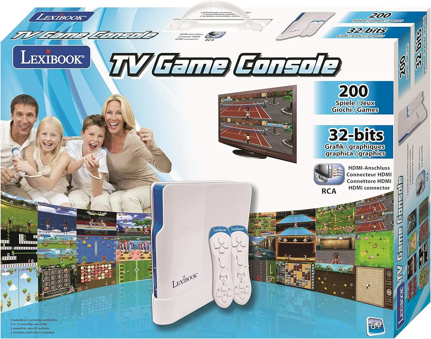 LEXiBOOK TV Game Console, 200 Games, 32-bit, USB-C Adapter, White/Blue, JG7430