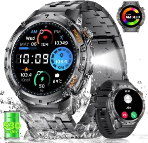 LIGE Military Smart Watches for Men with LED Flashlight(Answer/Make Calls),530mAh Large Battery,1.43’’ AMOLED,5ATM Waterproof Smartwatch for Android iOS,130 Sport Modes Heart Rate/Sleep Monitor Black