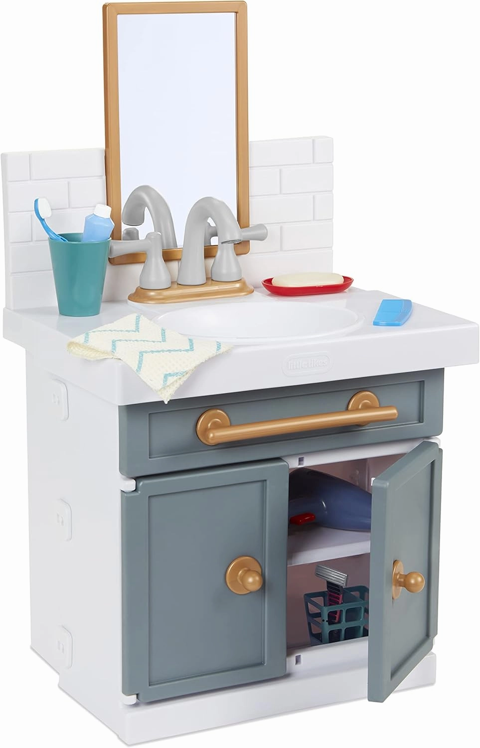 Little Tikes First Bathroom Sink with Real Working Faucet Pretend Play for Kids, 12 Bathroom Accessories, Interactive Unique Toy Multi-Color, Ages 2  Grey