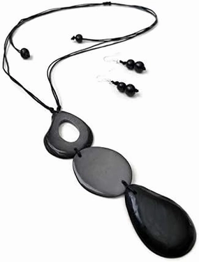 Long Tagua Necklace and Earrings in Black and Gray TAG638B. Adjustable Length Set, Vegetable Ivory Necklace. Organic Handmade Tagua Nut Jewelry