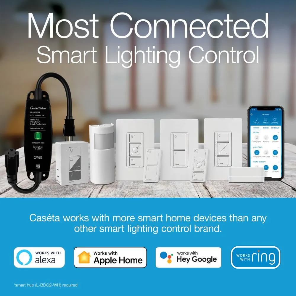 Lutron Caseta Original Smart Dimmer Switch ELV  (Lutron Hub Required), 250W LED, Single-Pole/3-Way, Neutral Required, PD-5NE-WH, White