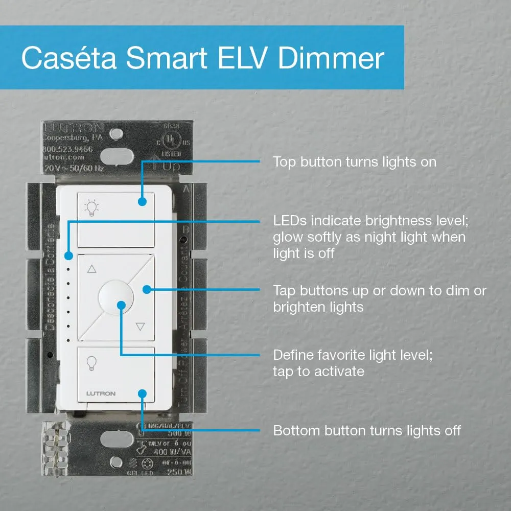 Lutron Caseta Original Smart Dimmer Switch ELV  (Lutron Hub Required), 250W LED, Single-Pole/3-Way, Neutral Required, PD-5NE-WH, White