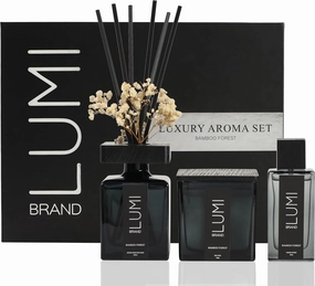 Luxury Aroma Set | Scented Reed Diffuser (200ml), Scented Wood Wick Soy Candle (200g), Aroma Room Spray (50ml), Includes Dried Flowers, 8 Reed Sticks - Home Fragrance Gift Set (Bamboo Forest)