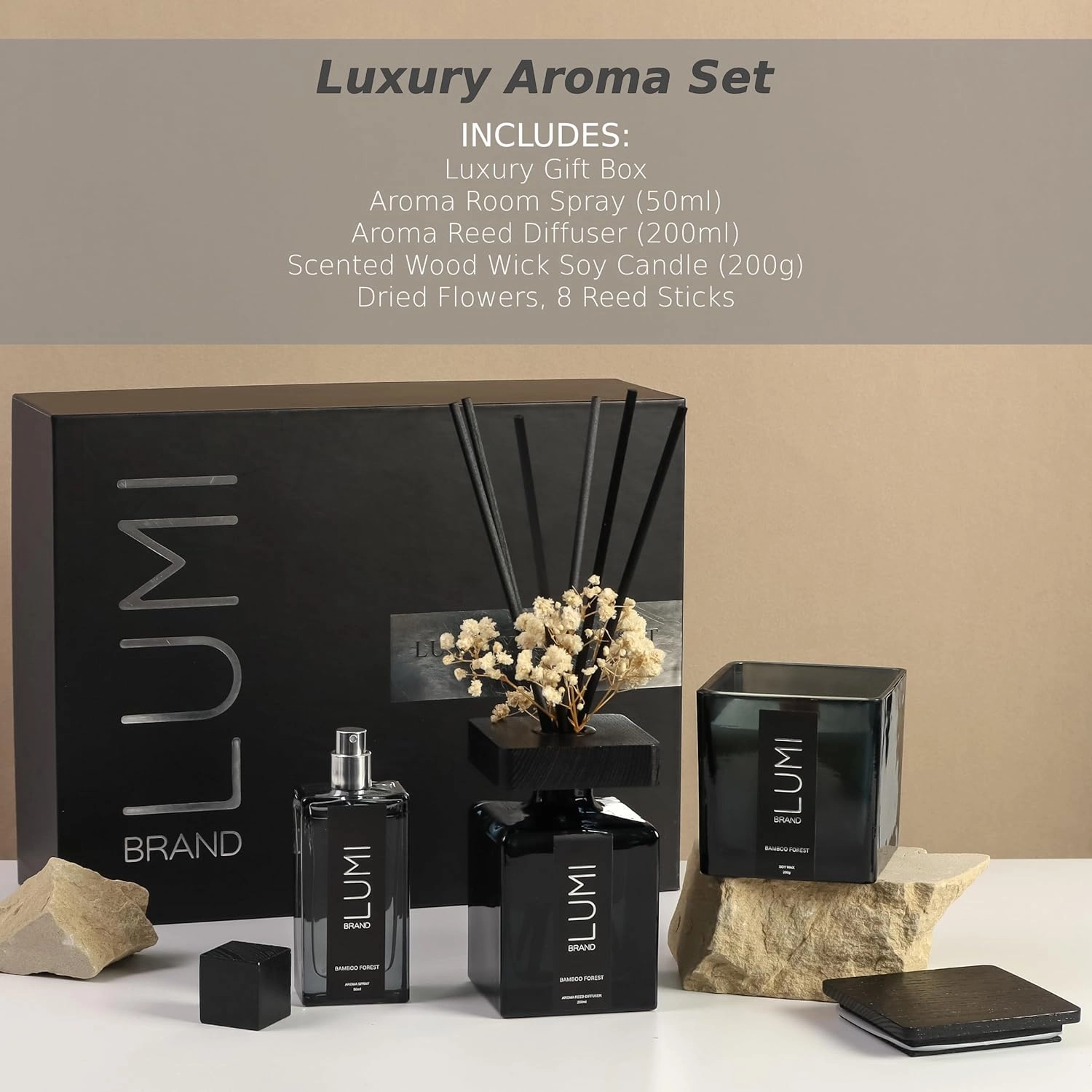 Luxury Aroma Set | Scented Reed Diffuser (200ml), Scented Wood Wick Soy Candle (200g), Aroma Room Spray (50ml), Includes Dried Flowers, 8 Reed Sticks - Home Fragrance Gift Set (Bamboo Forest)